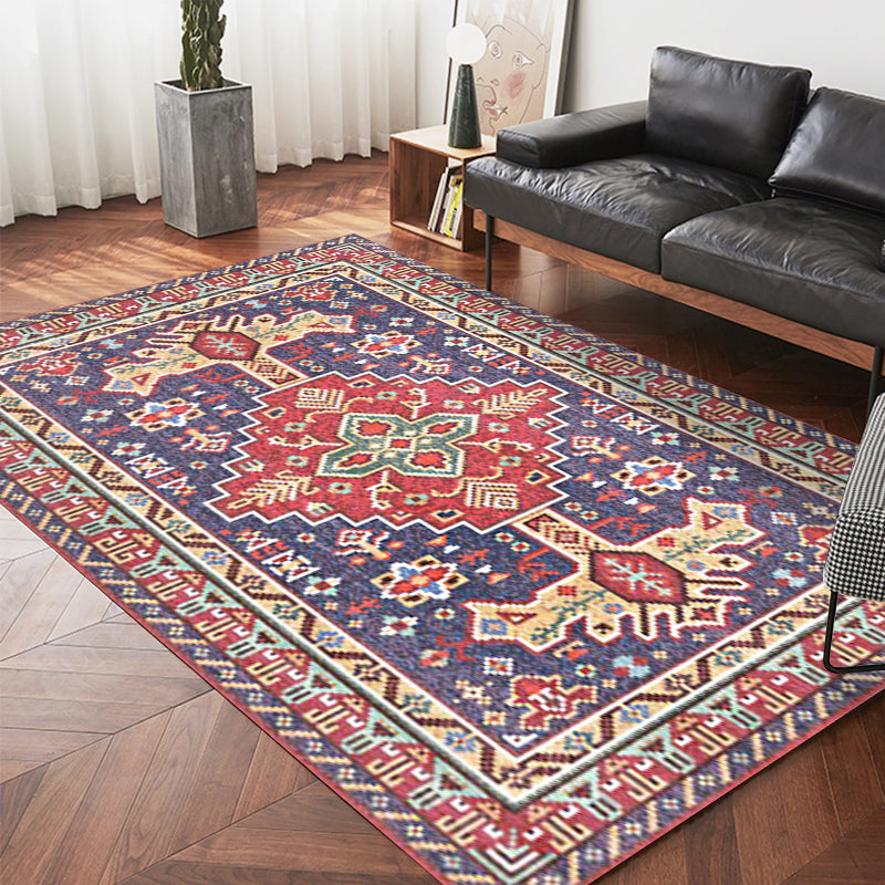 Red and blue Bedroom Rug Moroccan Medallion Geometry Pattern Area Rug Polyester Non-Slip Machine Washable Carpet Clearhalo 'Area Rug' 'Moroccan' 'Rugs' Rug' 1623858