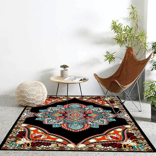 Mediterranean Moroccan Rug in Red and Black Medallion Floral Pattern Rug Polyester Anti-Slip Carpet for Home Decoration Black Clearhalo 'Area Rug' 'Moroccan' 'Rugs' Rug' 1623865