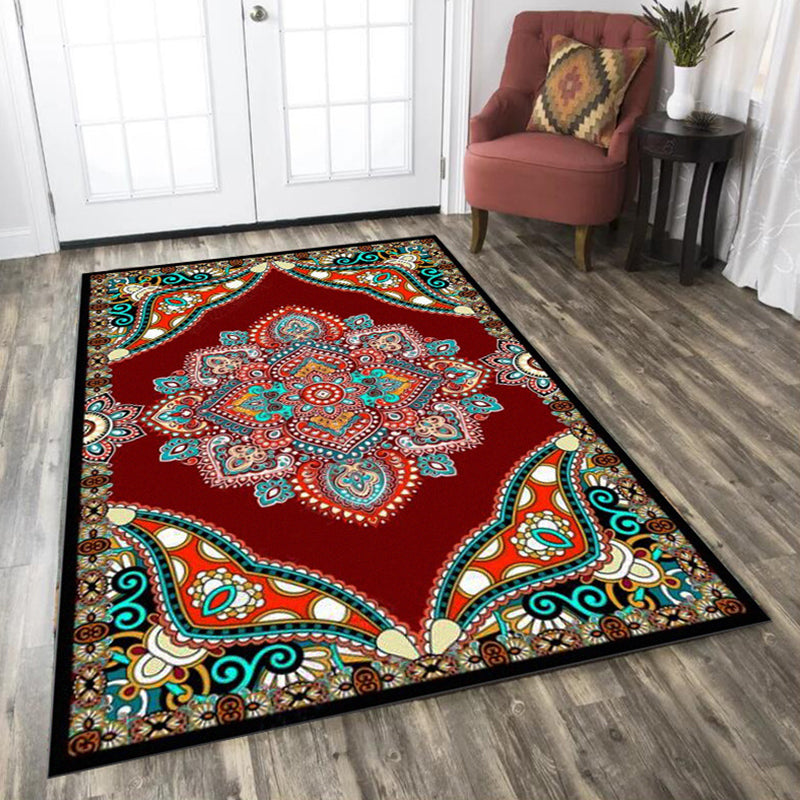 Mediterranean Moroccan Rug in Red and Black Medallion Floral Pattern Rug Polyester Anti-Slip Carpet for Home Decoration Red Clearhalo 'Area Rug' 'Moroccan' 'Rugs' Rug' 1623873