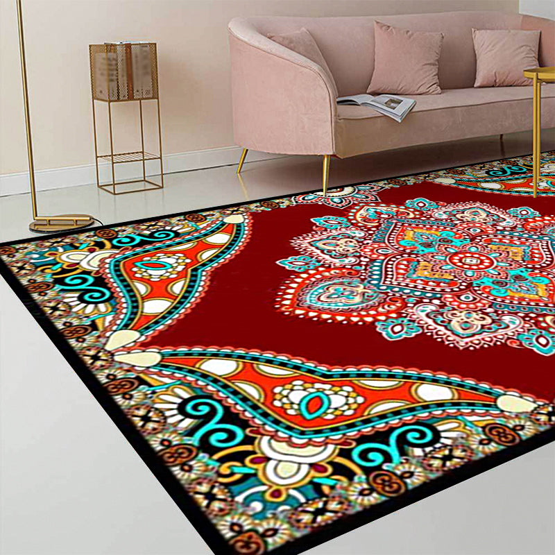 Mediterranean Moroccan Rug in Red and Black Medallion Floral Pattern Rug Polyester Anti-Slip Carpet for Home Decoration Clearhalo 'Area Rug' 'Moroccan' 'Rugs' Rug' 1623874