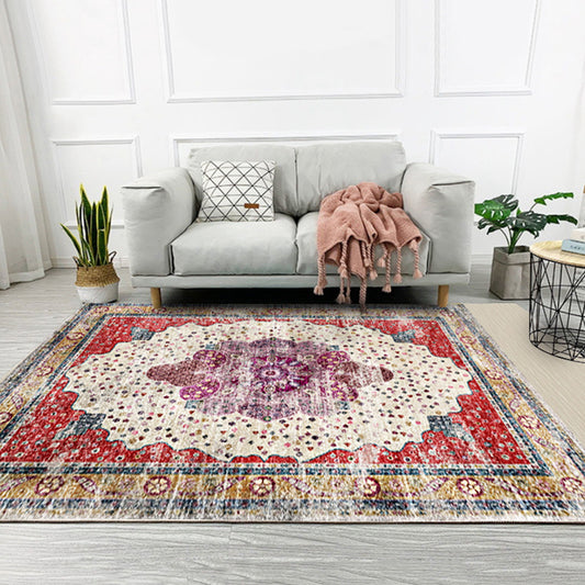 Red Bedroom Rug Moroccan Medallion Floral Dots Pattern Area Rug Polyester Pet Friendly Carpet Clearhalo 'Area Rug' 'Moroccan' 'Rugs' Rug' 1623966