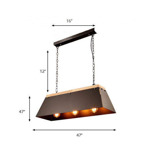 3 Lights Island Lighting Industrial Trapezoid Shade Metal and Wood Pendant Lamp in Black for Dining Room Clearhalo 'Ceiling Lights' 'Island Lights' Lighting' 162400