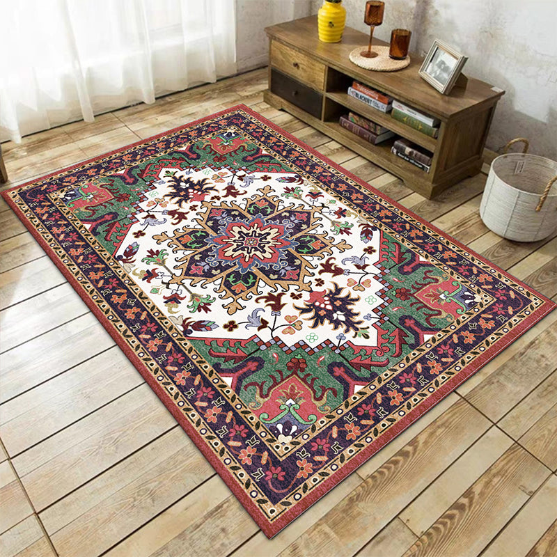 Oriental Moroccan Rug in Red and Green Medallion Floral Leaf Pattern Rug Polyester Anti-Slip Carpet for Home Decoration Clearhalo 'Area Rug' 'Moroccan' 'Rugs' Rug' 1624094