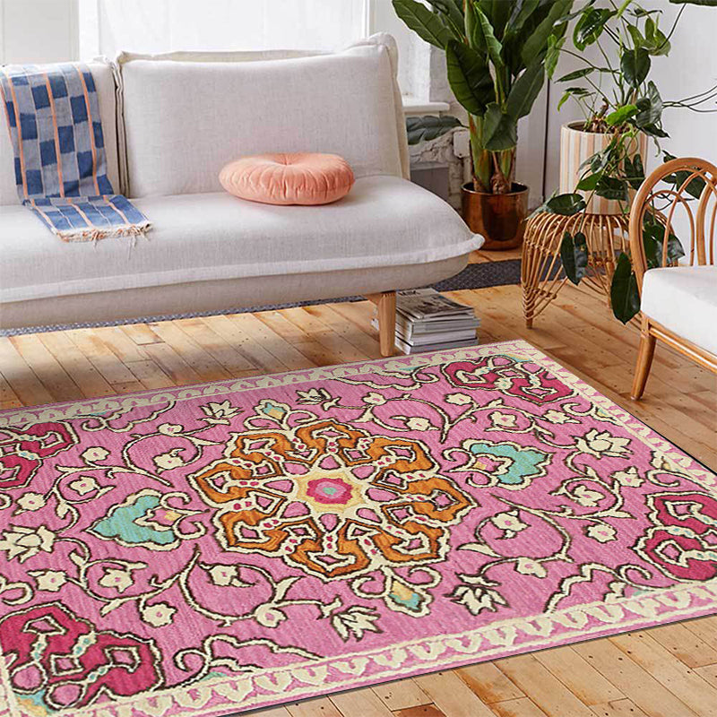 Moroccan Living Room Rug in Pink Medallion Flower Print Rug Polyester Machine Washable Non-Slip Area Rug Pink Clearhalo 'Area Rug' 'Moroccan' 'Rugs' Rug' 1624109