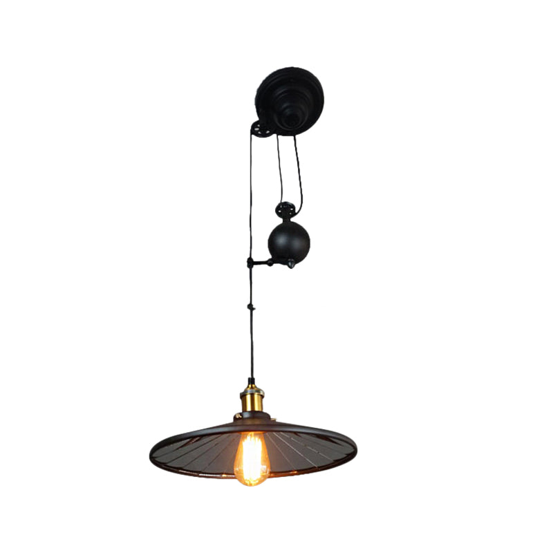 1 Bulb Suspension Lamp with Conic Shade Vintage Retro Black Finish Metal Ceiling Fixture with Pulley Clearhalo 'Art Deco Pendants' 'Black' 'Cast Iron' 'Ceiling Lights' 'Ceramic' 'Crystal' 'Industrial Pendants' 'Industrial' 'Metal' 'Middle Century Pendants' 'Pendant Lights' 'Pendants' 'Rustic Pendants' 'Tiffany' Lighting' 162412