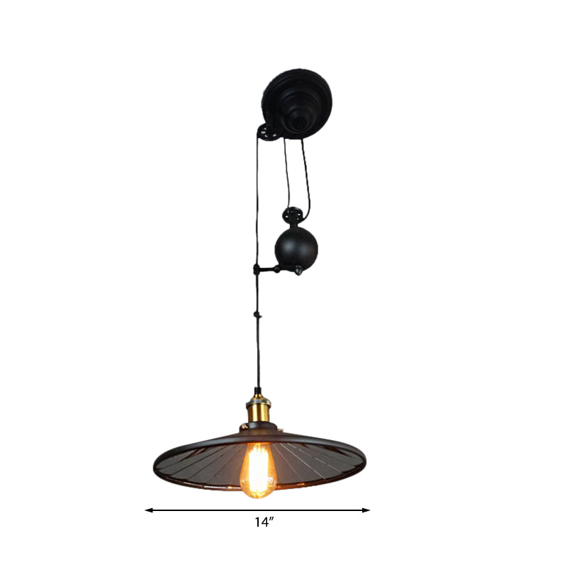1 Bulb Suspension Lamp with Conic Shade Vintage Retro Black Finish Metal Ceiling Fixture with Pulley Clearhalo 'Art Deco Pendants' 'Black' 'Cast Iron' 'Ceiling Lights' 'Ceramic' 'Crystal' 'Industrial Pendants' 'Industrial' 'Metal' 'Middle Century Pendants' 'Pendant Lights' 'Pendants' 'Rustic Pendants' 'Tiffany' Lighting' 162413