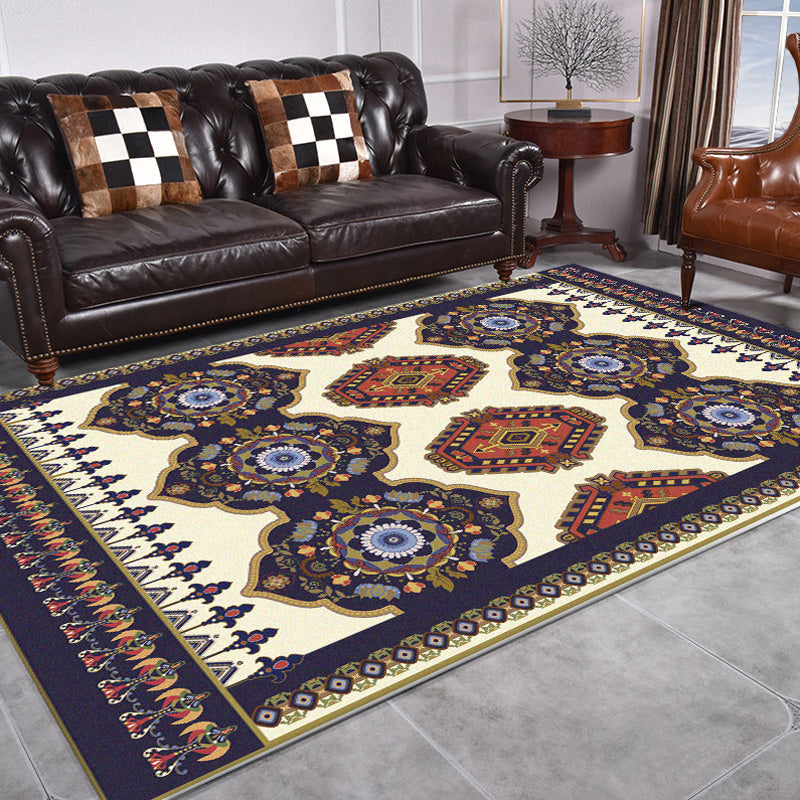 Navy and Beige Americana Rug Polyester Tribal Floral Pattern Rug Washable Non-Slip Backing Area Rug for Living Room Dark Blue Clearhalo 'Area Rug' 'Rugs' 'Southwestern' Rug' 1624315