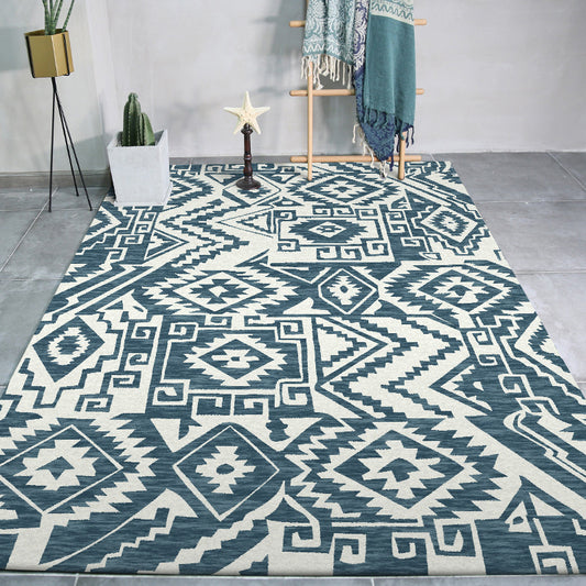 Tribal Southwestern Rug in Blue and White Geometry Pattern Rug Polyester Pet Friendly Carpet for Home Decoration Blue
