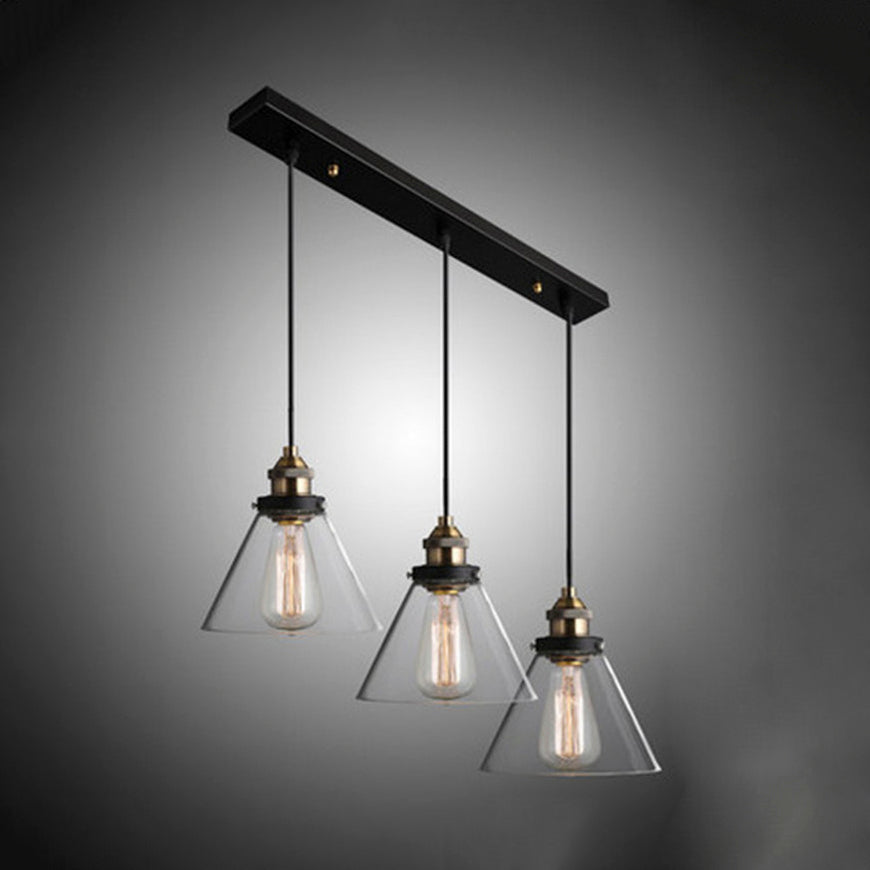 3/4/5-Light Multi Pendant Light Fixture Vintage Cone Clear Glass Hanging Lamp in Black with Linear Canopy 3 Black Clearhalo 'Ceiling Lights' 'Close To Ceiling Lights' 'Glass shade' 'Glass' 'Industrial Pendants' 'Industrial' 'Middle Century Pendants' 'Pendant Lights' 'Pendants' 'Tiffany' Lighting' 16245