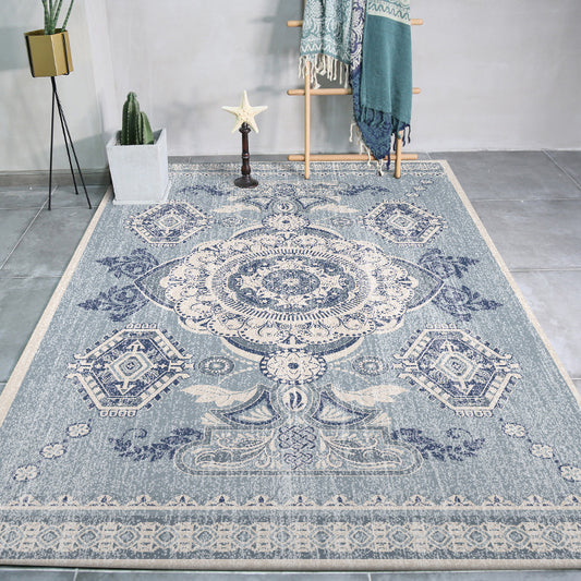 Persian Moroccan Rug in Blue Medallion Floral Leaves Pattern Rug Polyester Non-Slip Carpet for Home Decoration Blue Clearhalo 'Area Rug' 'Moroccan' 'Rugs' Rug' 1624512