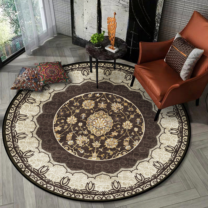 Classic Medallion Pattern Rug with Floral Brown Tribal Rug Polyester Washable Anti-Slip Backing Area Rug for Living Room Clearhalo 'Area Rug' 'Moroccan' 'Rugs' Rug' 1624529