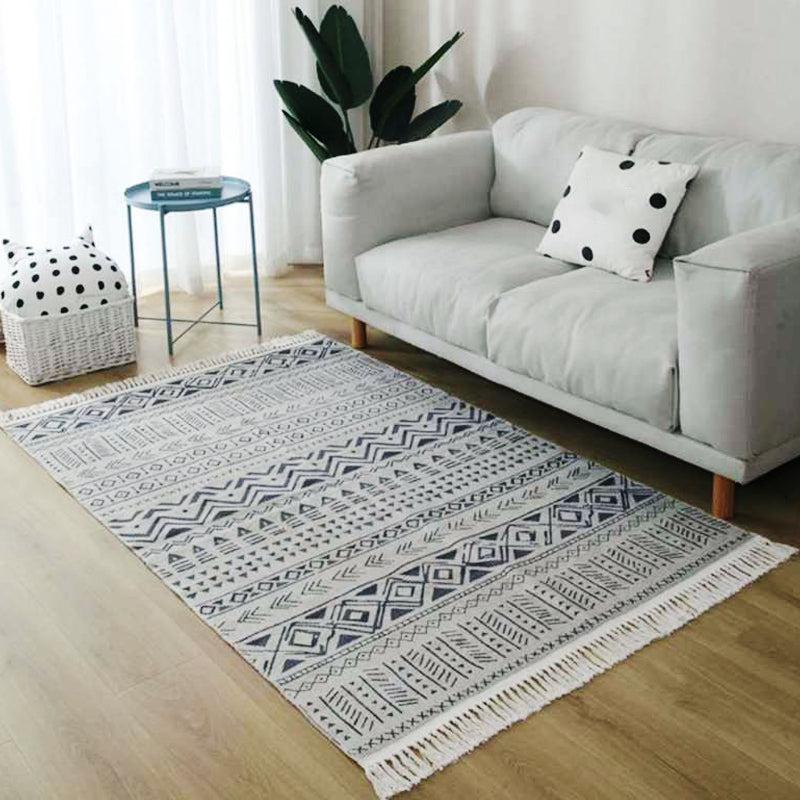 Grey and Blue Southwestern Rug Linen Tribal and Geometric Pattern Rug Washable Fringe Carpet for Living Room Grey Clearhalo 'Area Rug' 'Rugs' 'Southwestern' Rug' 1624596