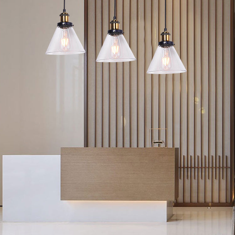 3/4/5-Light Multi Pendant Light Fixture Vintage Cone Clear Glass Hanging Lamp in Black with Linear Canopy Clearhalo 'Ceiling Lights' 'Close To Ceiling Lights' 'Glass shade' 'Glass' 'Industrial Pendants' 'Industrial' 'Middle Century Pendants' 'Pendant Lights' 'Pendants' 'Tiffany' Lighting' 16246