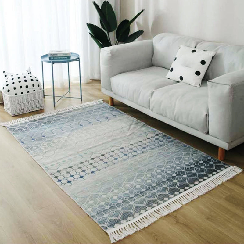 Grey and Blue Southwestern Rug Linen Tribal and Geometric Pattern Rug Washable Fringe Carpet for Living Room Blue Clearhalo 'Area Rug' 'Rugs' 'Southwestern' Rug' 1624601