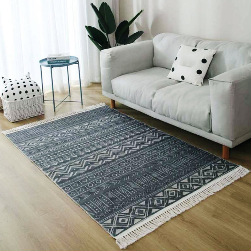 Grey and Blue Southwestern Rug Linen Tribal and Geometric Pattern Rug Washable Fringe Carpet for Living Room Black Clearhalo 'Area Rug' 'Rugs' 'Southwestern' Rug' 1624606