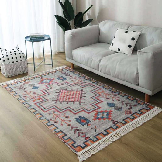 Grey and Blue Southwestern Rug Linen Tribal and Geometric Pattern Rug Washable Fringe Carpet for Living Room Red