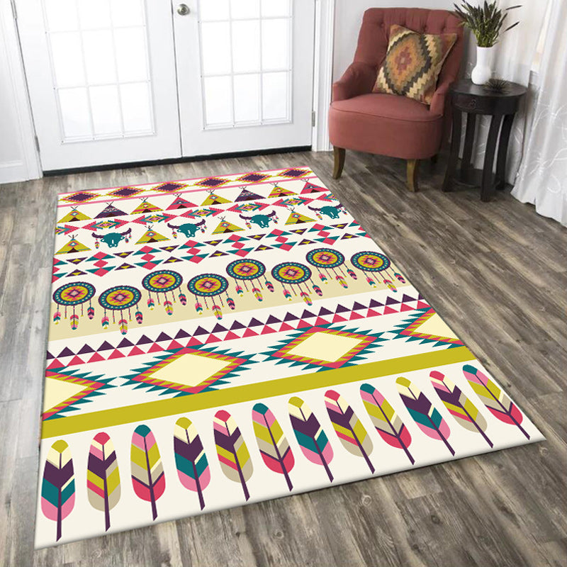 Tribal Cow Pattern Rug with Feather Yellow Polyester Rug Machine Washable Non-Slip Backing Area Rug for Bedroom Yellow Clearhalo 'Area Rug' 'Rugs' 'Southwestern' Rug' 1624645