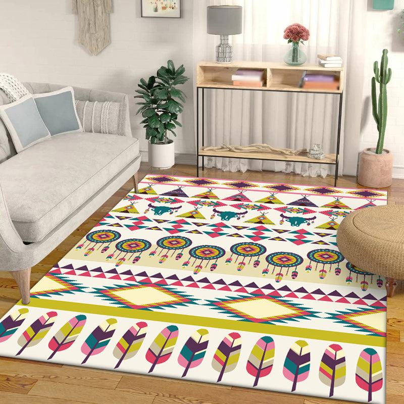 Tribal Cow Pattern Rug with Feather Yellow Polyester Rug Machine Washable Non-Slip Backing Area Rug for Bedroom Clearhalo 'Area Rug' 'Rugs' 'Southwestern' Rug' 1624646