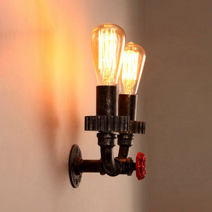 2 Lights Wall Sconce Light Vintage Industrial Bare Bulb Iron Wall Lighting with Red Faucet Valve in Dark Rust Rust Clearhalo 'Art deco wall lights' 'Cast Iron' 'Glass' 'Industrial wall lights' 'Industrial' 'Middle century wall lights' 'Modern' 'Rustic wall lights' 'Tiffany' 'Traditional wall lights' 'Wall Lamps & Sconces' 'Wall Lights' Lighting' 162468