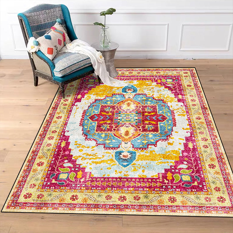 Moroccan Living Room Rug in Yellow and Pink Medallion Flower Leaf Geometry Print Rug Polyester Non-Slip Backing Area Rug Pink Clearhalo 'Area Rug' 'Moroccan' 'Rugs' Rug' 1624717