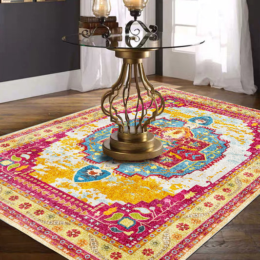 Moroccan Living Room Rug in Yellow and Pink Medallion Flower Leaf Geometry Print Rug Polyester Non-Slip Backing Area Rug Clearhalo 'Area Rug' 'Moroccan' 'Rugs' Rug' 1624718