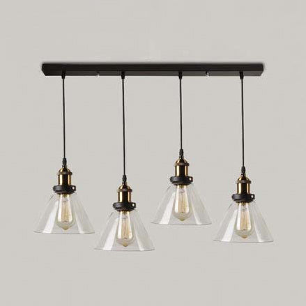 3/4/5-Light Multi Pendant Light Fixture Vintage Cone Clear Glass Hanging Lamp in Black with Linear Canopy 4 Black Clearhalo 'Ceiling Lights' 'Close To Ceiling Lights' 'Glass shade' 'Glass' 'Industrial Pendants' 'Industrial' 'Middle Century Pendants' 'Pendant Lights' 'Pendants' 'Tiffany' Lighting' 16248