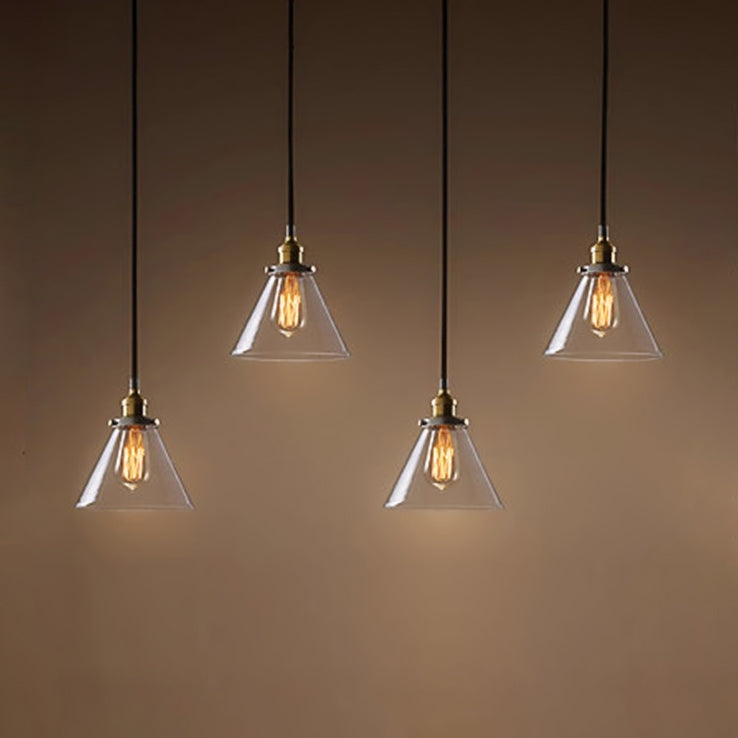 3/4/5-Light Multi Pendant Light Fixture Vintage Cone Clear Glass Hanging Lamp in Black with Linear Canopy Clearhalo 'Ceiling Lights' 'Close To Ceiling Lights' 'Glass shade' 'Glass' 'Industrial Pendants' 'Industrial' 'Middle Century Pendants' 'Pendant Lights' 'Pendants' 'Tiffany' Lighting' 16249