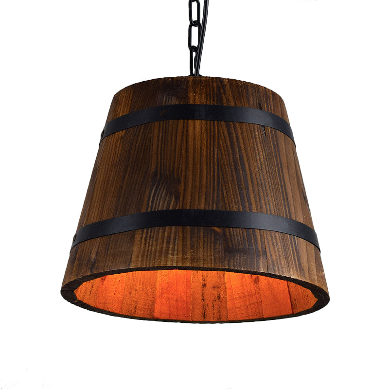 Wood Bucket Hanging Light Single Head Retro Suspension Lamp in Brown for Restaurant Clearhalo 'Ceiling Lights' 'Industrial Pendants' 'Industrial' 'Middle Century Pendants' 'Pendant Lights' 'Pendants' 'Tiffany' Lighting' 162493