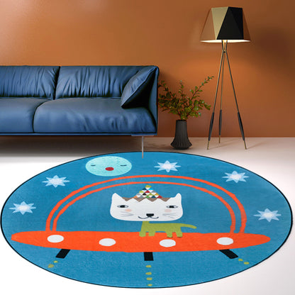 Cute Kids Rug in Blue Animal Cat Spaceship Pattern Rug Polyester Anti-Slip Backing Carpet for Children's Room Blue Clearhalo 'Area Rug' 'Rug' 1624958