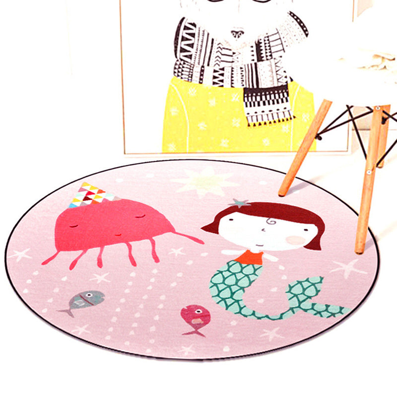 Kids Nursery Rug in Pink and Blue Animal Mouse Lion Mermaid Whale Print Rug Polyester Machine Washable Area Rug Pink Clearhalo 'Area Rug' 'Rug' 1624994