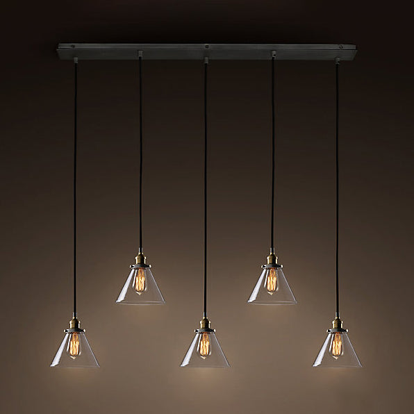 3/4/5-Light Multi Pendant Light Fixture Vintage Cone Clear Glass Hanging Lamp in Black with Linear Canopy 5 Black Clearhalo 'Ceiling Lights' 'Close To Ceiling Lights' 'Glass shade' 'Glass' 'Industrial Pendants' 'Industrial' 'Middle Century Pendants' 'Pendant Lights' 'Pendants' 'Tiffany' Lighting' 16251