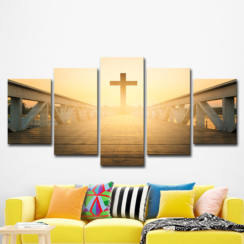 Religious Wall Art Modern Enchanting Bridge to the Cross at Sunset Canvas in Yellow Clearhalo 'Art Gallery' 'Canvas Art' 'Contemporary Art Gallery' 'Modern' Arts' 1625165