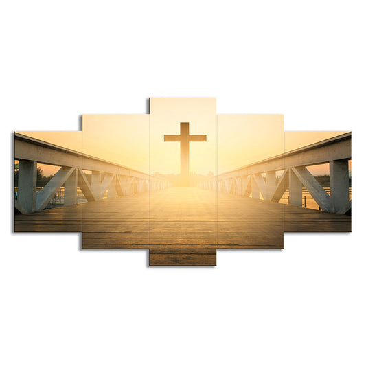 Religious Wall Art Modern Enchanting Bridge to the Cross at Sunset Canvas in Yellow Clearhalo 'Art Gallery' 'Canvas Art' 'Contemporary Art Gallery' 'Modern' Arts' 1625167