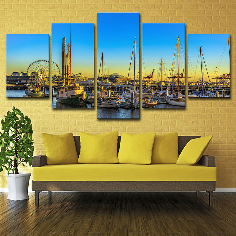 Global Inspired Seattle Pier Art Print Canvas Multi-Piece Blue Wall Decor for Hotel Blue Clearhalo 'Art Gallery' 'Canvas Art' 'Contemporary Art Gallery' 'Modern' Arts' 1625178