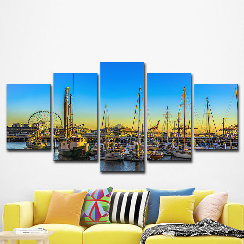 Global Inspired Seattle Pier Art Print Canvas Multi-Piece Blue Wall Decor for Hotel Clearhalo 'Art Gallery' 'Canvas Art' 'Contemporary Art Gallery' 'Modern' Arts' 1625179