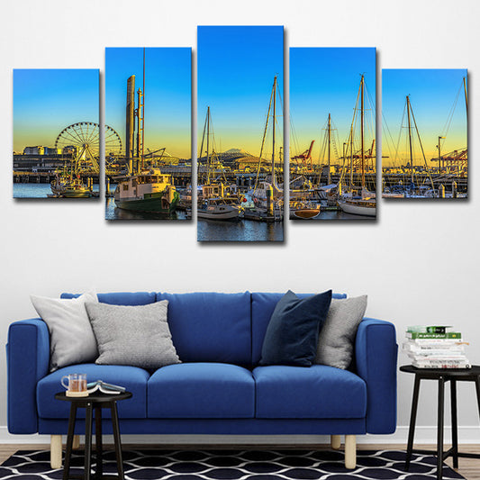 Global Inspired Seattle Pier Art Print Canvas Multi-Piece Blue Wall Decor for Hotel Clearhalo 'Art Gallery' 'Canvas Art' 'Contemporary Art Gallery' 'Modern' Arts' 1625180