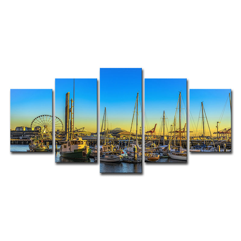 Global Inspired Seattle Pier Art Print Canvas Multi-Piece Blue Wall Decor for Hotel Clearhalo 'Art Gallery' 'Canvas Art' 'Contemporary Art Gallery' 'Modern' Arts' 1625181
