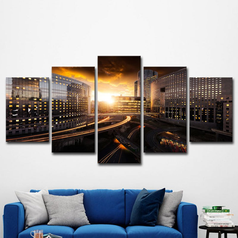 Urban Sunset Cityscape Wall Art Black and Gold Multi-Piece Canvas Print for Home Clearhalo 'Art Gallery' 'Canvas Art' 'Contemporary Art Gallery' 'Modern' Arts' 1625186