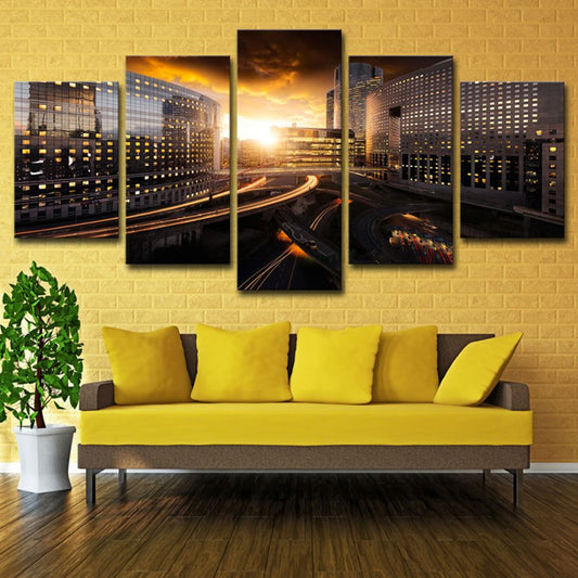 Urban Sunset Cityscape Wall Art Black and Gold Multi-Piece Canvas Print for Home Clearhalo 'Art Gallery' 'Canvas Art' 'Contemporary Art Gallery' 'Modern' Arts' 1625187