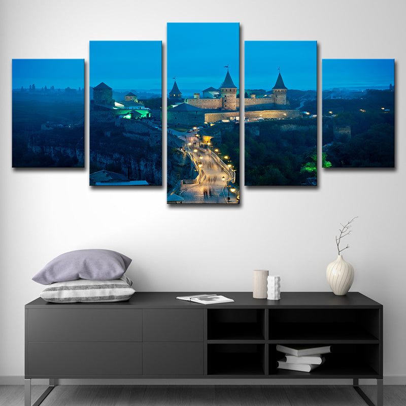 Ukraine Castle Nightscape Canvas Print Global Inspired Beautiful Scenery Wall Art in Blue Blue Clearhalo 'Arts' 'Canvas Art' 1625192