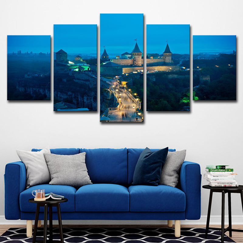Ukraine Castle Nightscape Canvas Print Global Inspired Beautiful Scenery Wall Art in Blue Clearhalo 'Arts' 'Canvas Art' 1625194