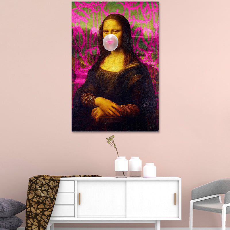Canvas Textured Art Print Contemporary Mona Lisa Chewing Gum Wall Decor in Red-Brown Red Clearhalo 'Arts' 'Canvas Art' 1625199