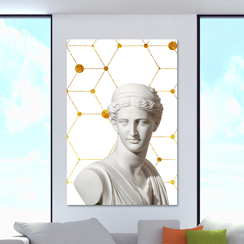 Griekse status en geometrische canvas vintage getextureerde muurkunst print in witgold voor thuis