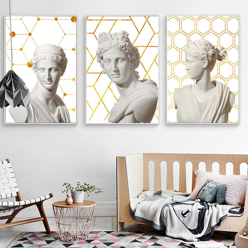 Greek Status and Geometric Canvas Vintage Textured Wall Art Print in White-Gold for Home White Design 2 Clearhalo 'Arts' 'Canvas Art' 1625255