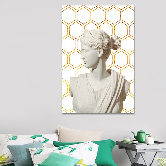 Greek Status and Geometric Canvas Vintage Textured Wall Art Print in White-Gold for Home