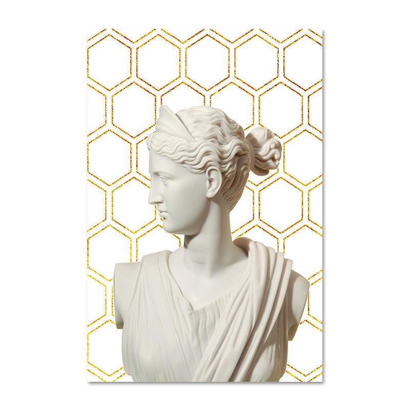 Greek Status and Geometric Canvas Vintage Textured Wall Art Print in White-Gold for Home