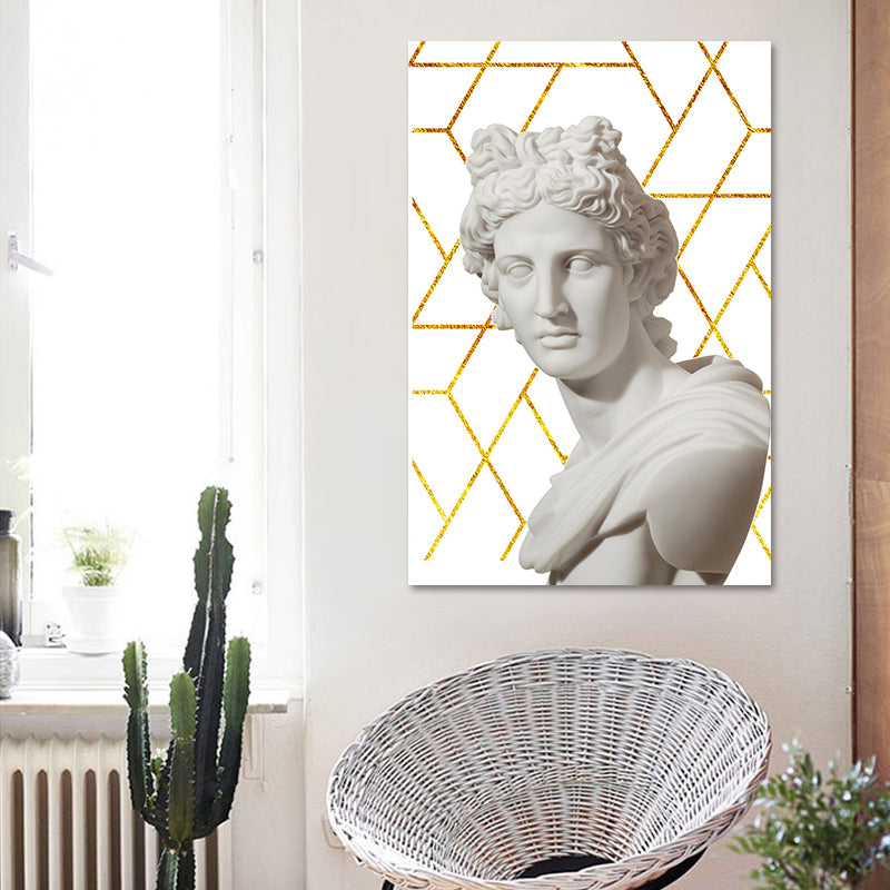 Griekse status en geometrische canvas vintage getextureerde muurkunst print in witgold voor thuis
