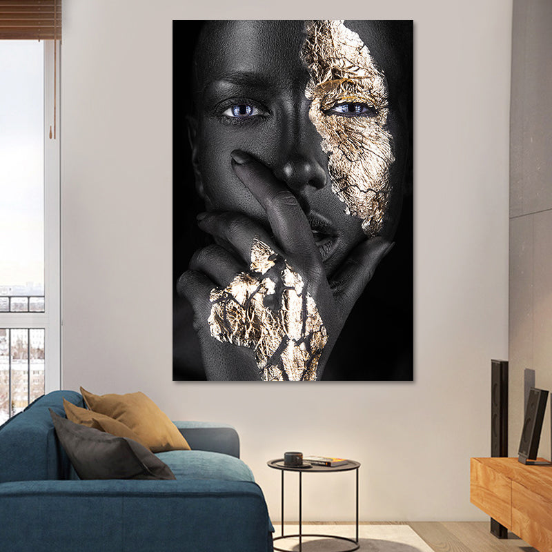 Black-Gold Woman Face Canvas Print Figure Glam Textured Surface Wall Art Decor for Room - Gold - Clearhalo - 'Arts' - 'Canvas Art' - 1625269
