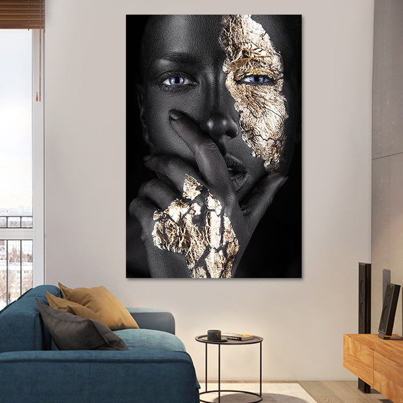 Black-Gold Woman Face Canvas Print Figure Glam Textured Surface Wall Art Decor for Room Gold Clearhalo 'Arts' 'Canvas Art' 1625269