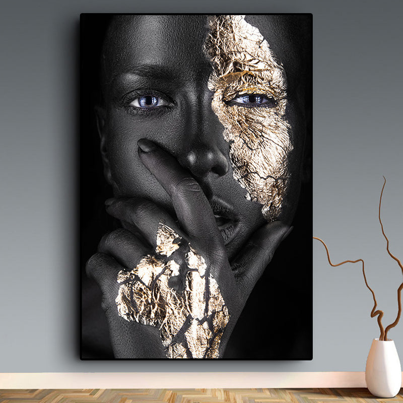 Black-Gold Woman Face Canvas Print Figure Glam Textured Surface Wall Art Decor for Room - Clearhalo - 'Arts' - 'Canvas Art' - 1625271